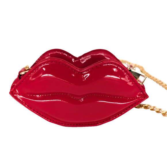Anthropologie Glossy Red Patent Leather Lips Chain Strap Mini Handbag Retro Glam - Picture 3 of 14